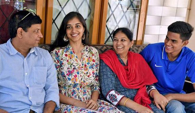 Bhavana Durgam with her family members at their house in Tirupati. | Photo Credit: K_V_PoornachandraKumar