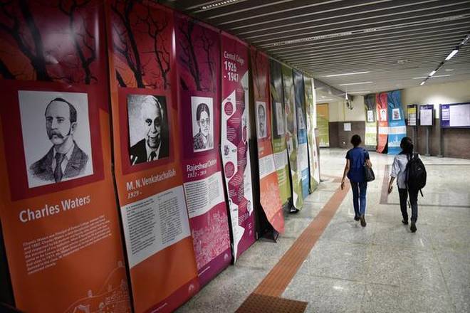 An exhibition in Sir M. Visvesvaraya metro station traces the 160-year-old history of Central College. | Photo Credit: K_MURALI_KUMAR