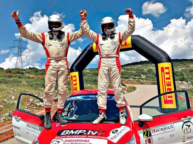 Proud moment: Indian rallyist team comprising Ashwin Naik from Mangaluru and Amitrrajit Ghosh from Kolkata won the European Rally Championship, ERC 3 category, at Athens, organised by the Federation of Internationale de lautomobile; (right) the team during the race. 