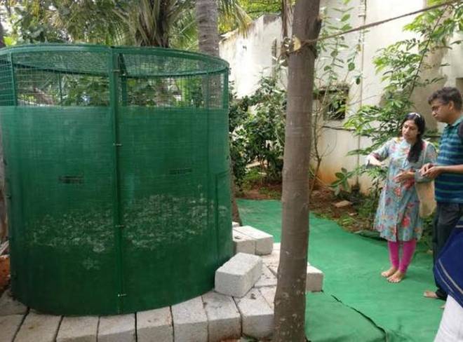 The leaf composter at the Venugopalaswamy temple in Malleswaram. | Photo Credit: By Special Arrangement