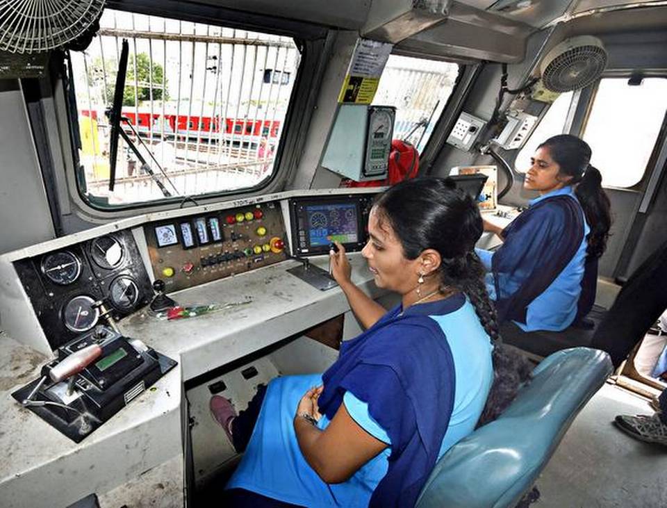 In the driving seat: Loco pilot Sivaparvathi (left) and assistant loco pilot Rangoli Patil manning the Tipu Express from Mysuru on Thursday. | Photo Credit: M.A. SRIRAM